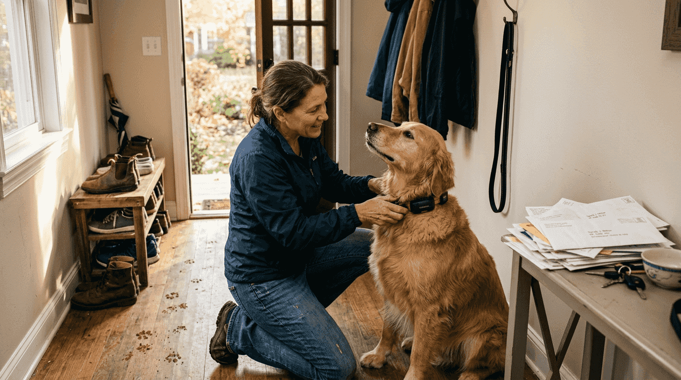 Handler fits GPS collar on service dog