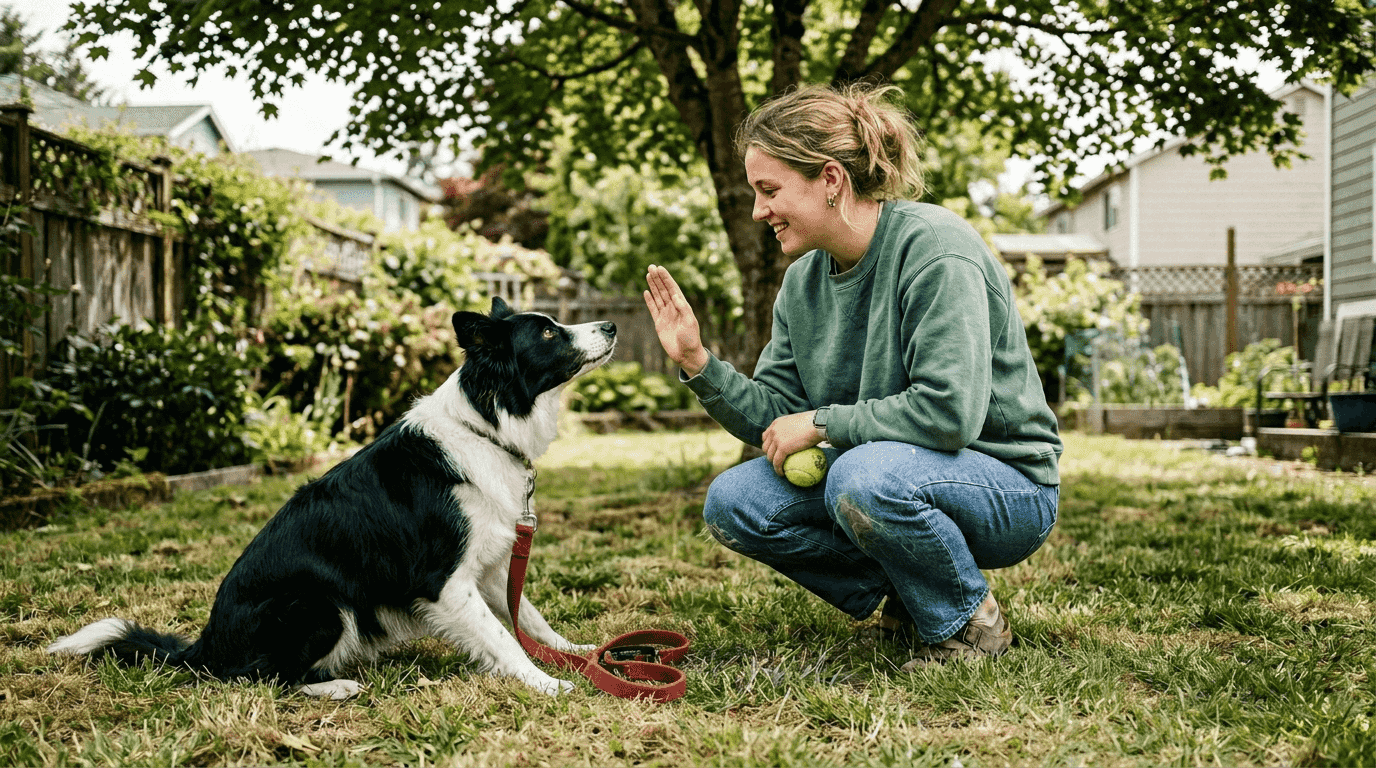 Woman communicating with attentive border collie outdoors