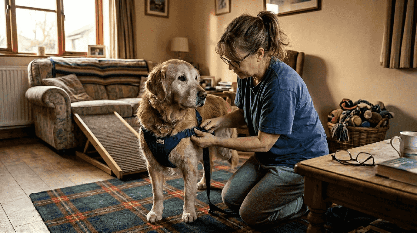 Woman fits harness on disabled dog at home