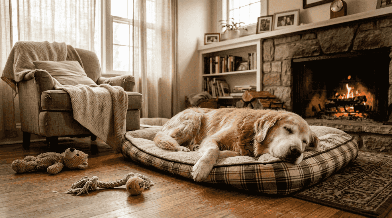 Senior golden retriever resting by fireplace
