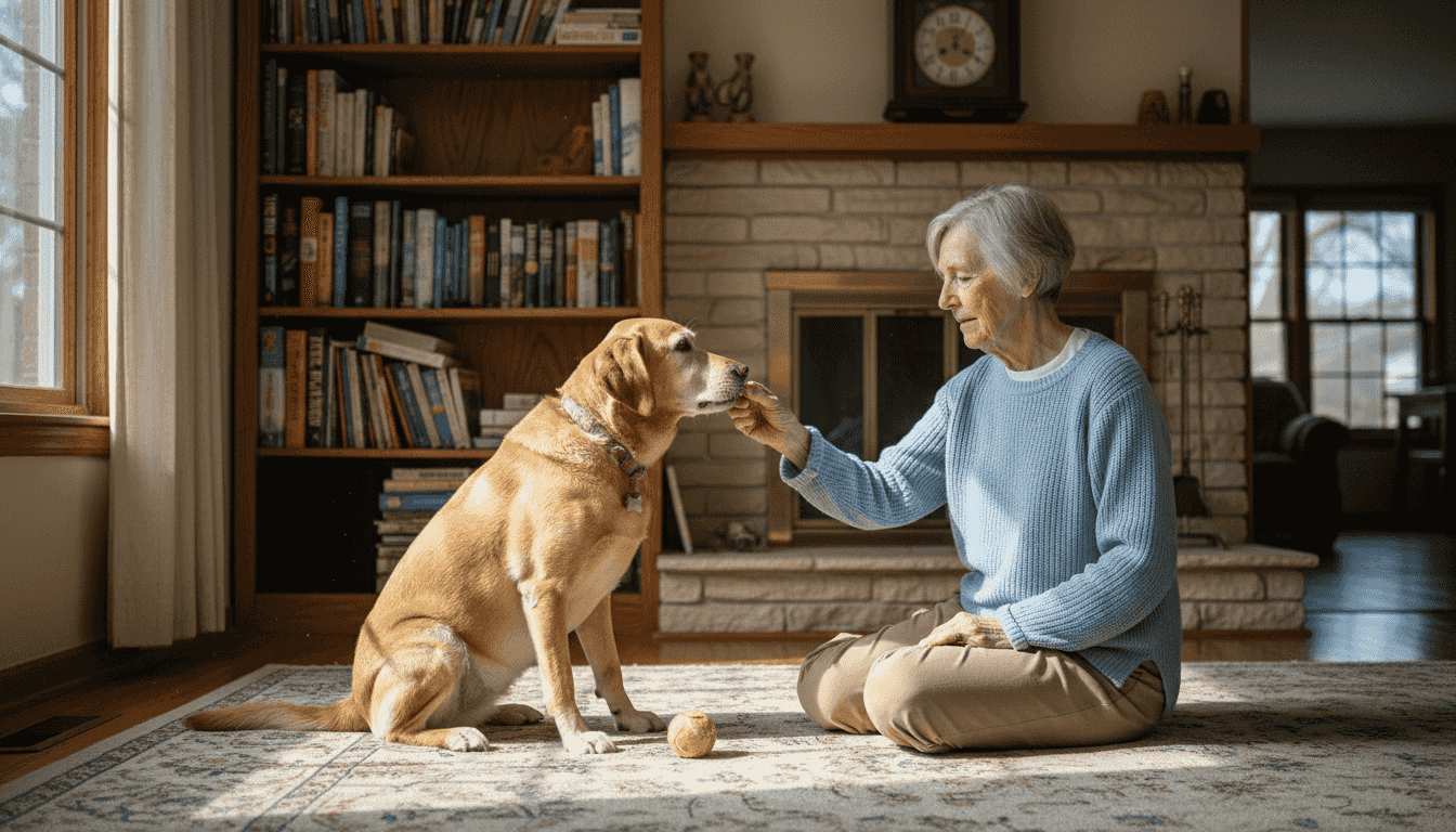 Senior woman training older Labrador in home