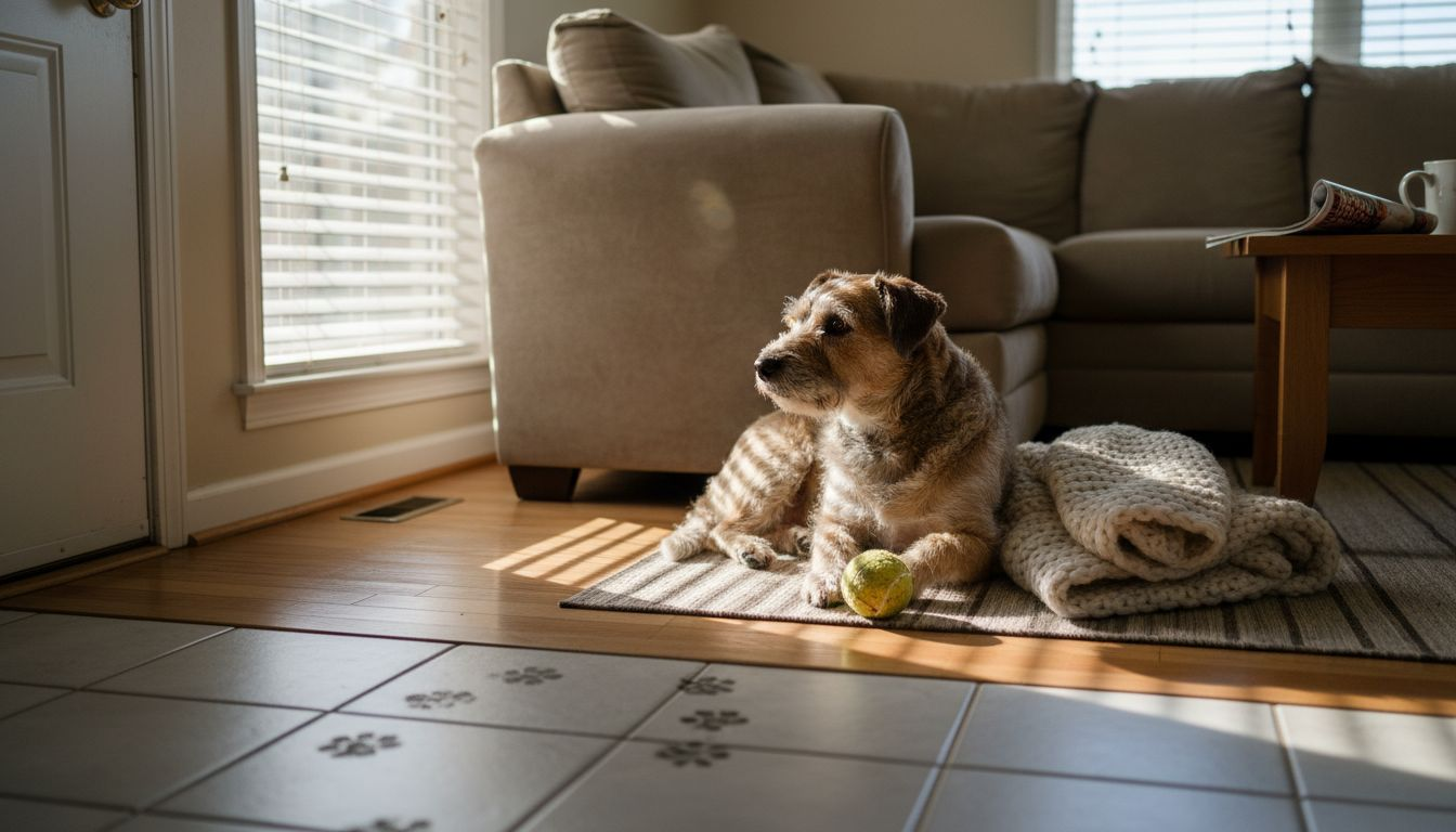 Anxious terrier resting in calm living room