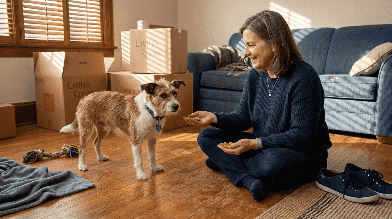 New owner bonding with rescue dog indoors