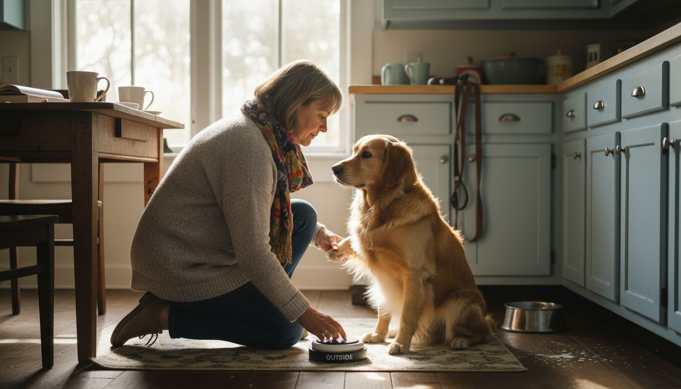 Handler teaching service dog with communication button