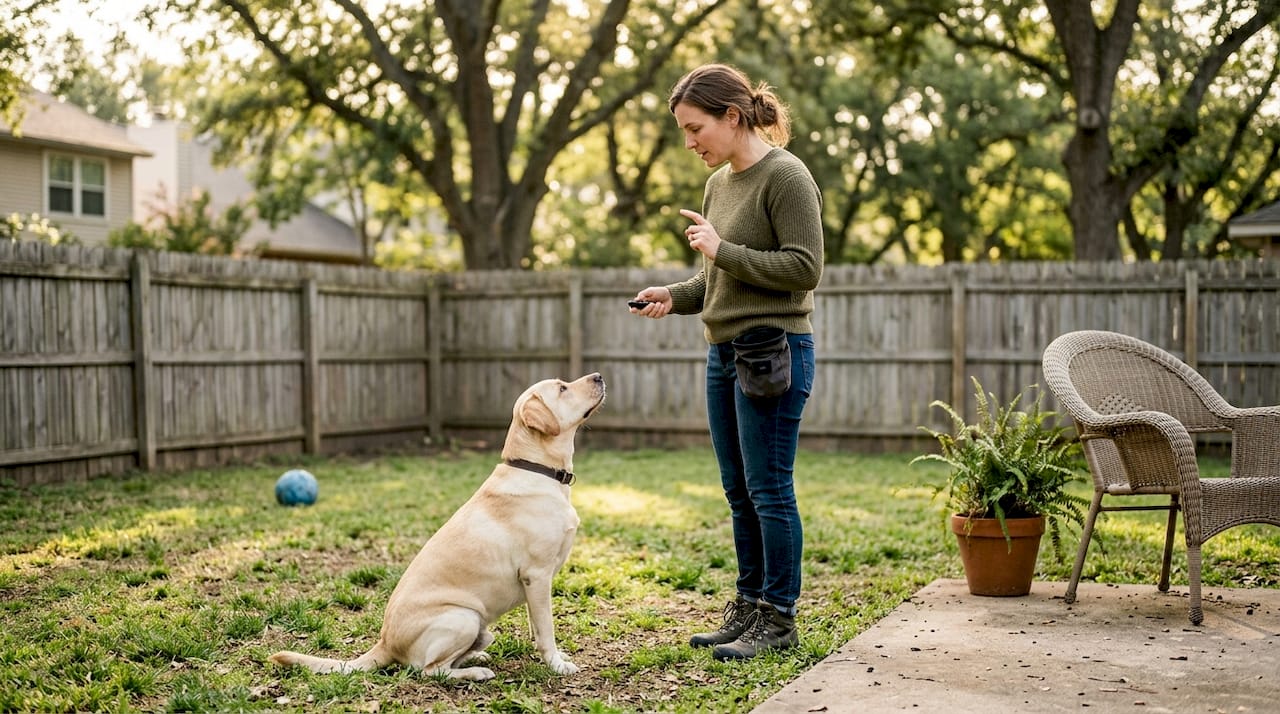 Handler trains Labrador in backyard session