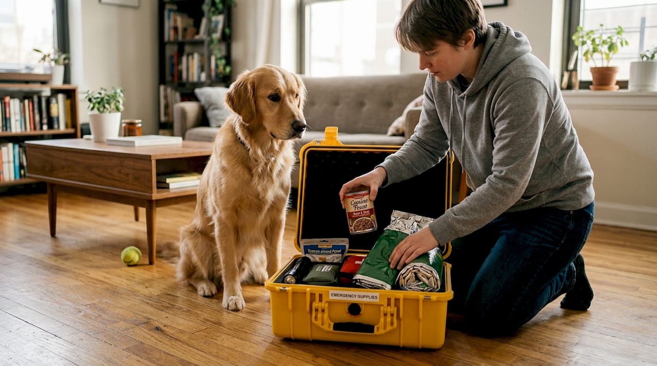 Dog watches owner assemble emergency kit