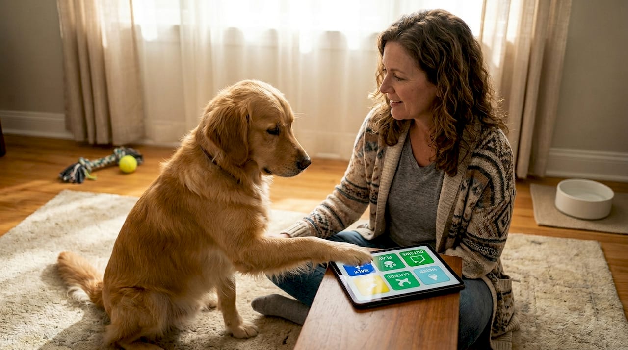 Woman and dog using communication app at home
