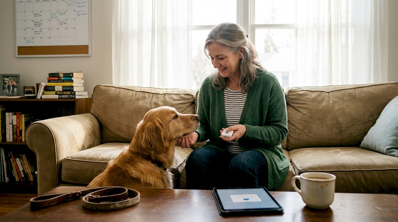 Dog uses alert device in living room