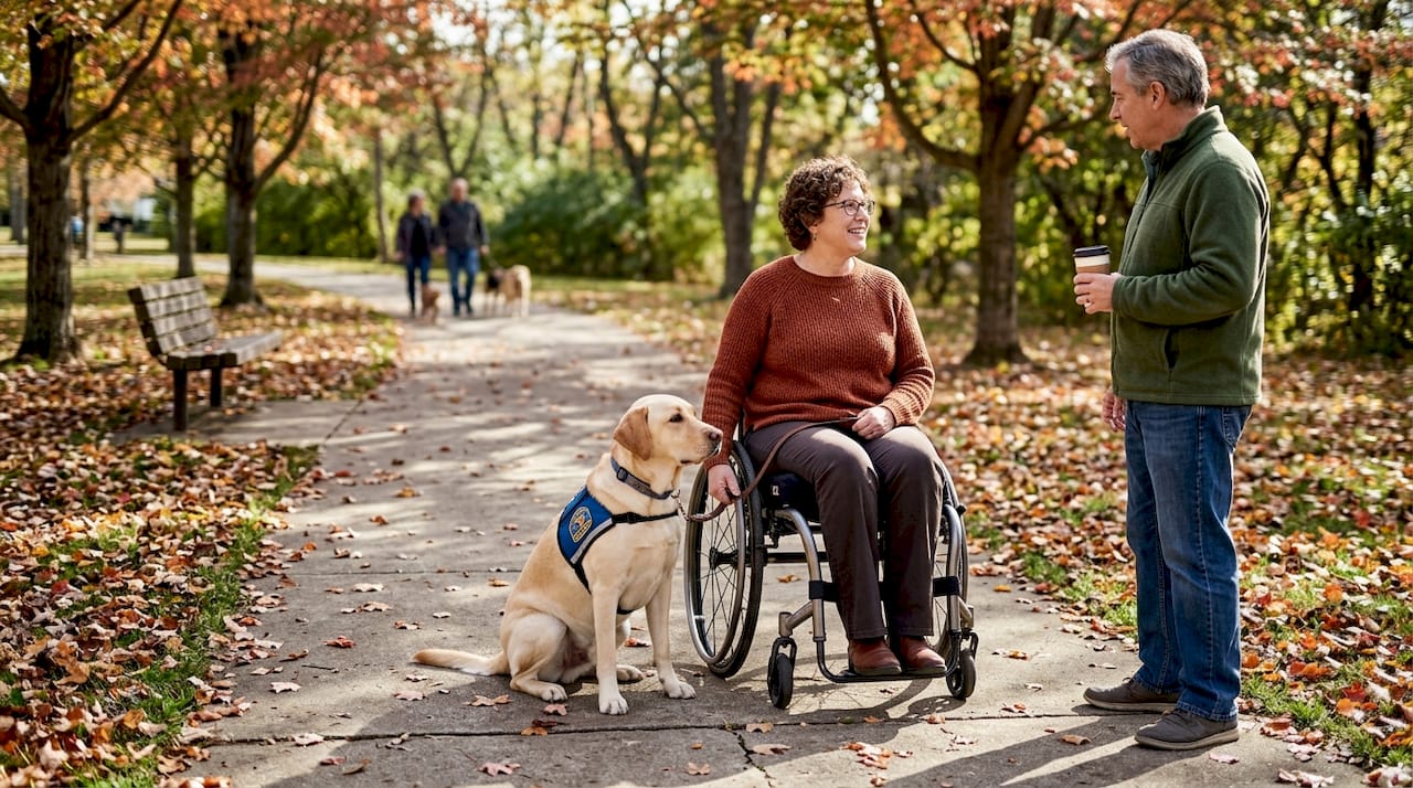 Support dog assisting woman in park