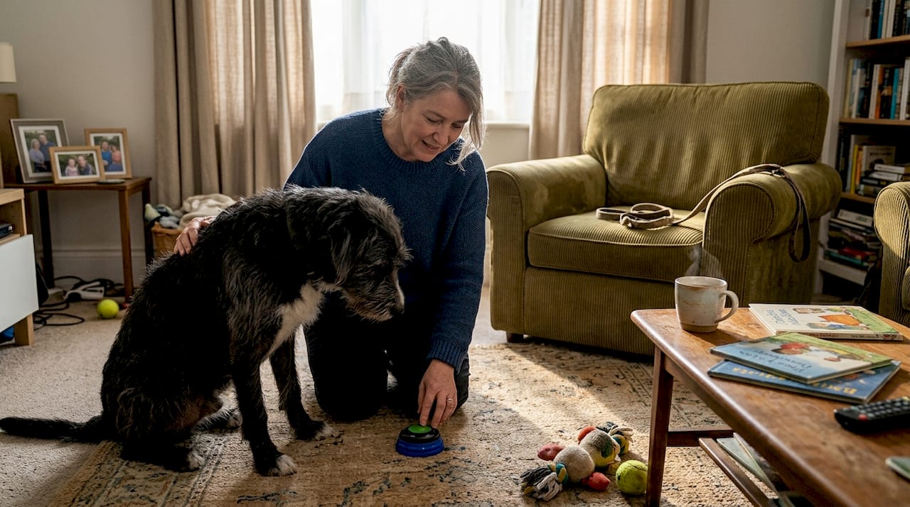 Dog introduced to communication button at home