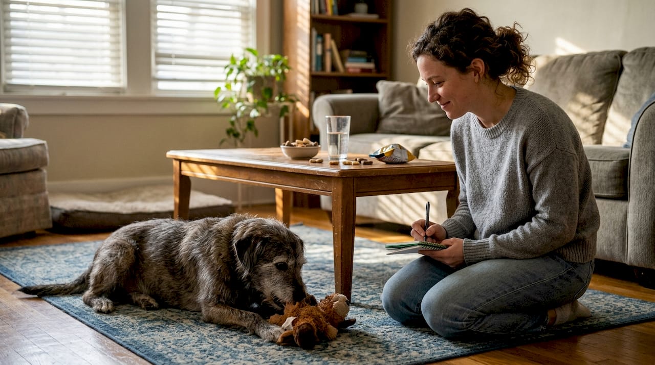 Dog and woman in calm rehabilitation home scene