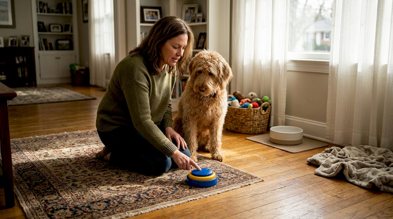 Pet owner teaching dog with button system