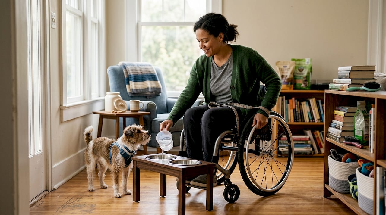 Wheelchair user caring for dog in living room