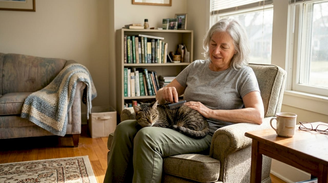 Senior woman brushing cat in sunlit living room