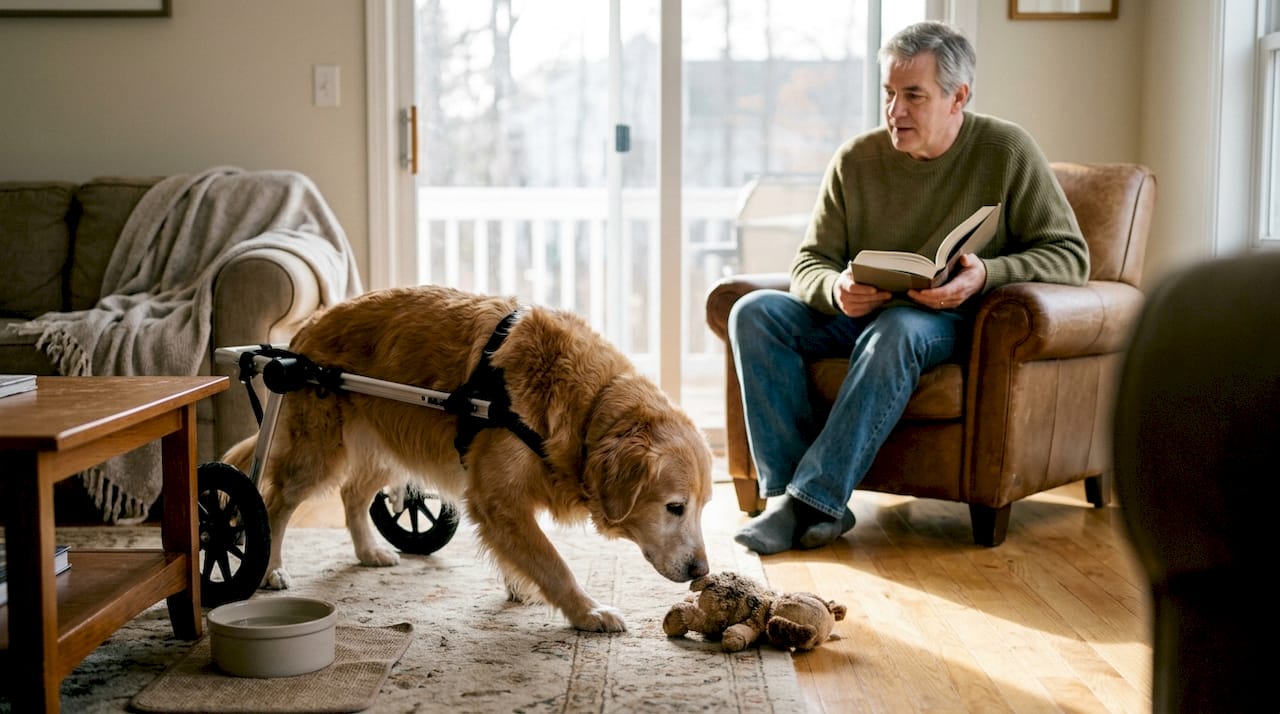 Dog explores living room using wheelchair aid