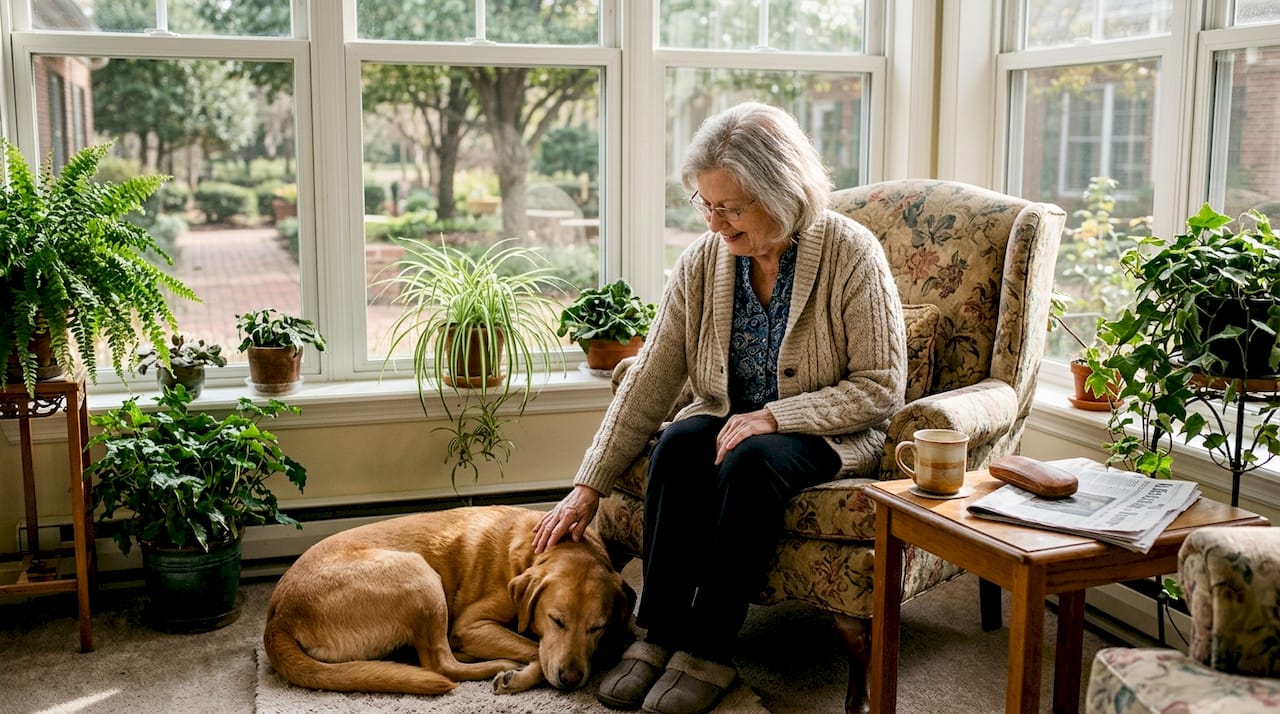Senior woman relaxing with dog in sunroom
