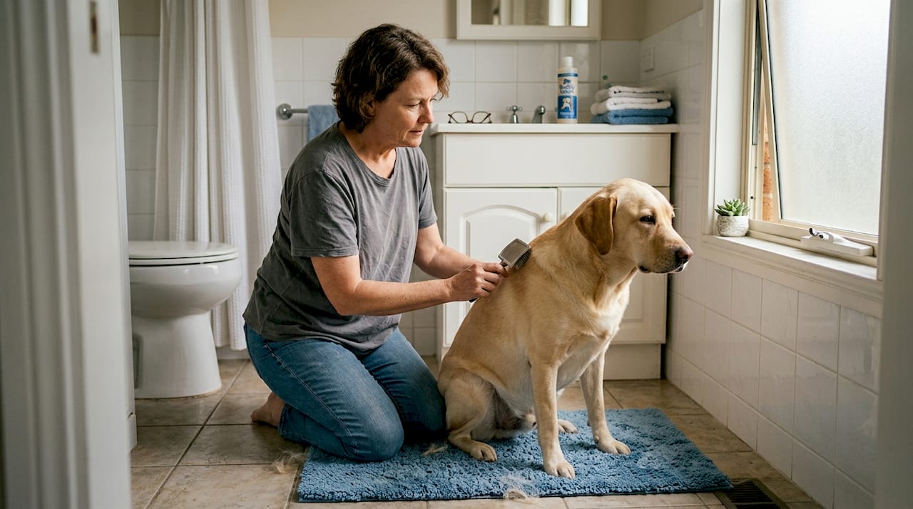 Owner brushing Labrador in bright bathroom