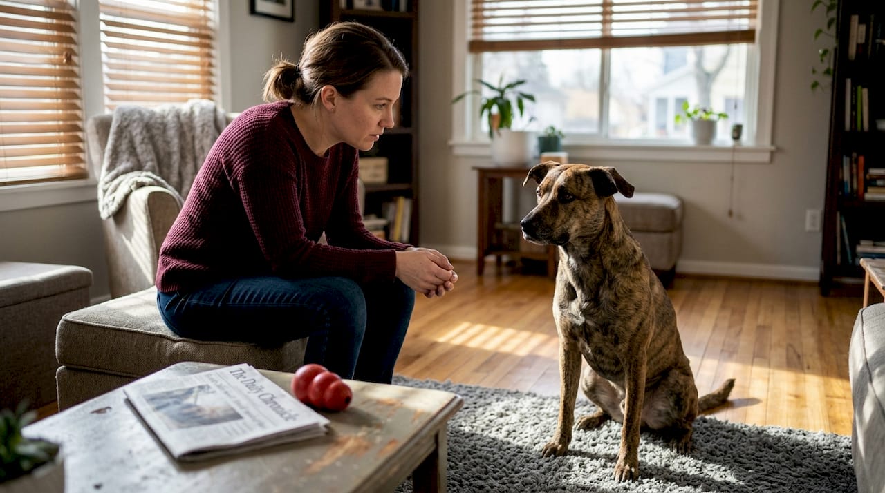 Dog showing stress signals in everyday living room