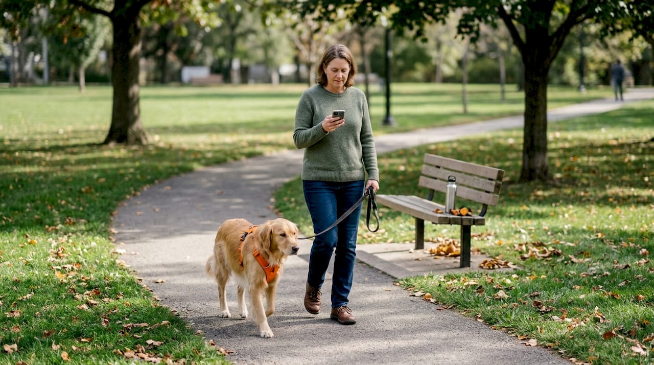 Woman and dog using safety device in park