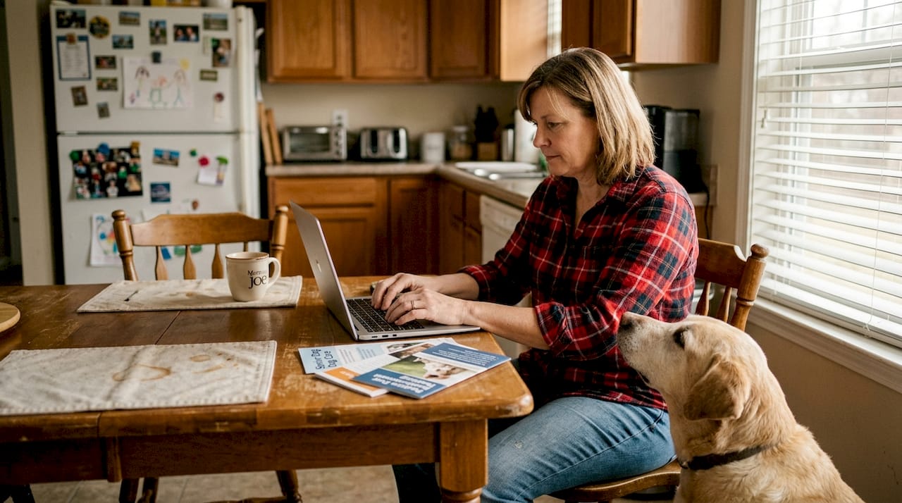 Dog nudging owner in bright kitchen