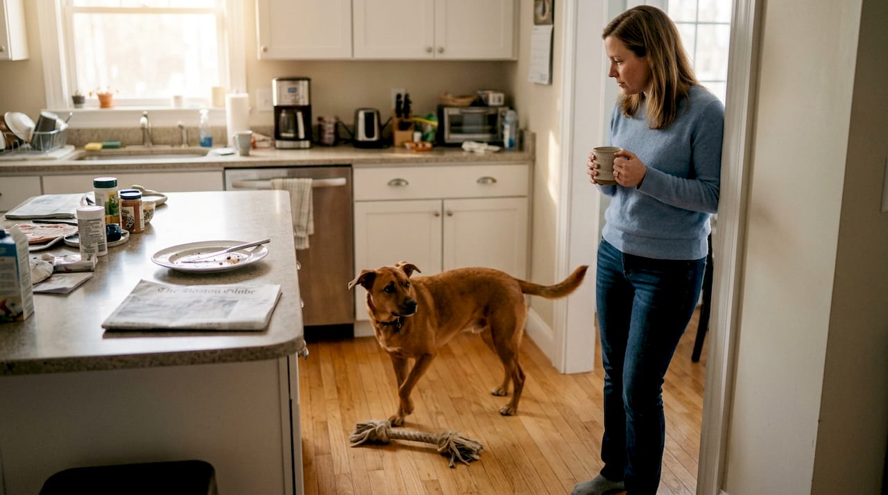 Woman observing her dog’s body language at home
