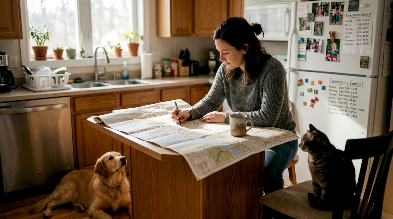 Owner planning pet-inclusive evacuation at kitchen table