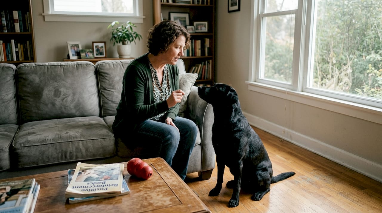 Woman and dog communicating in living room