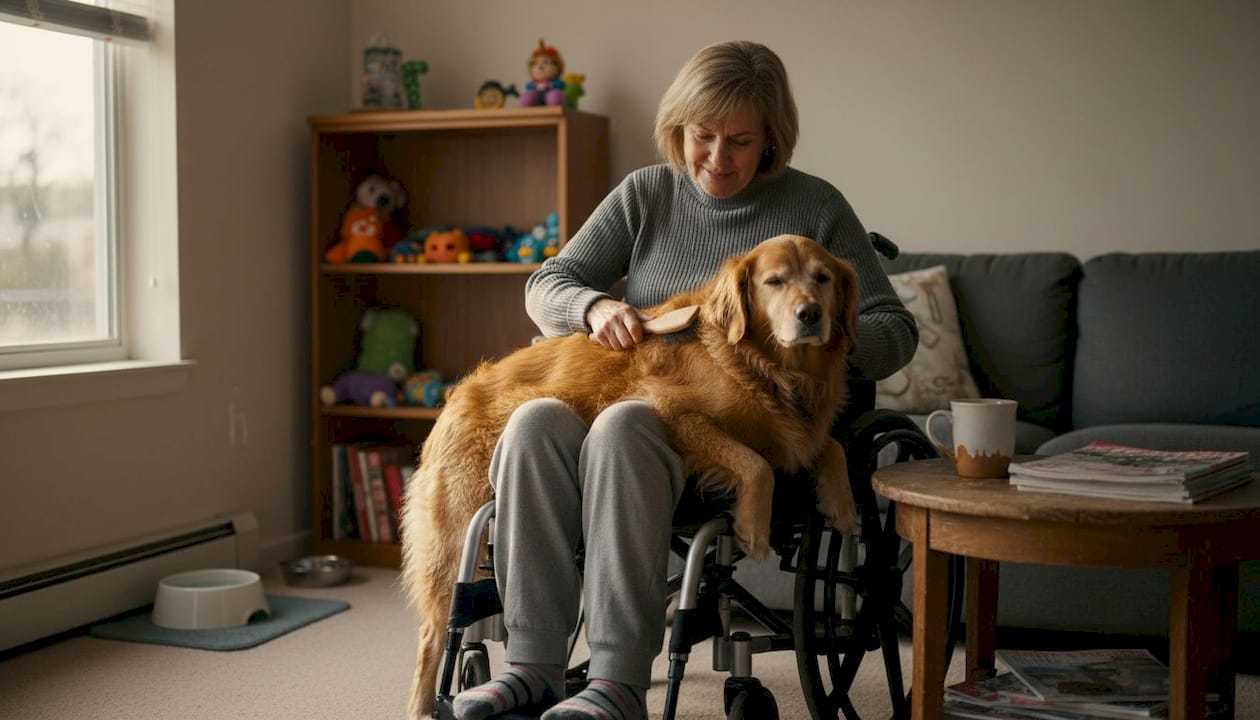 Wheelchair user brushing dog in home