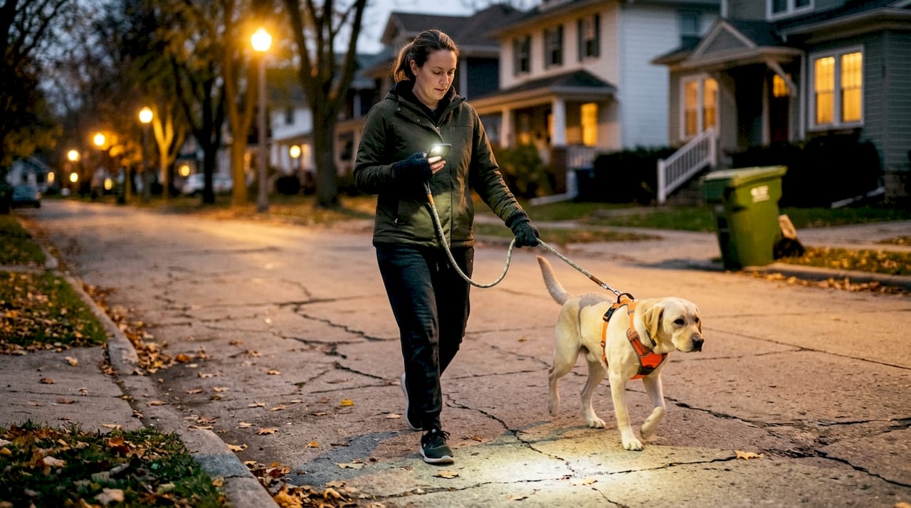 Dog in reflective harness walking at night