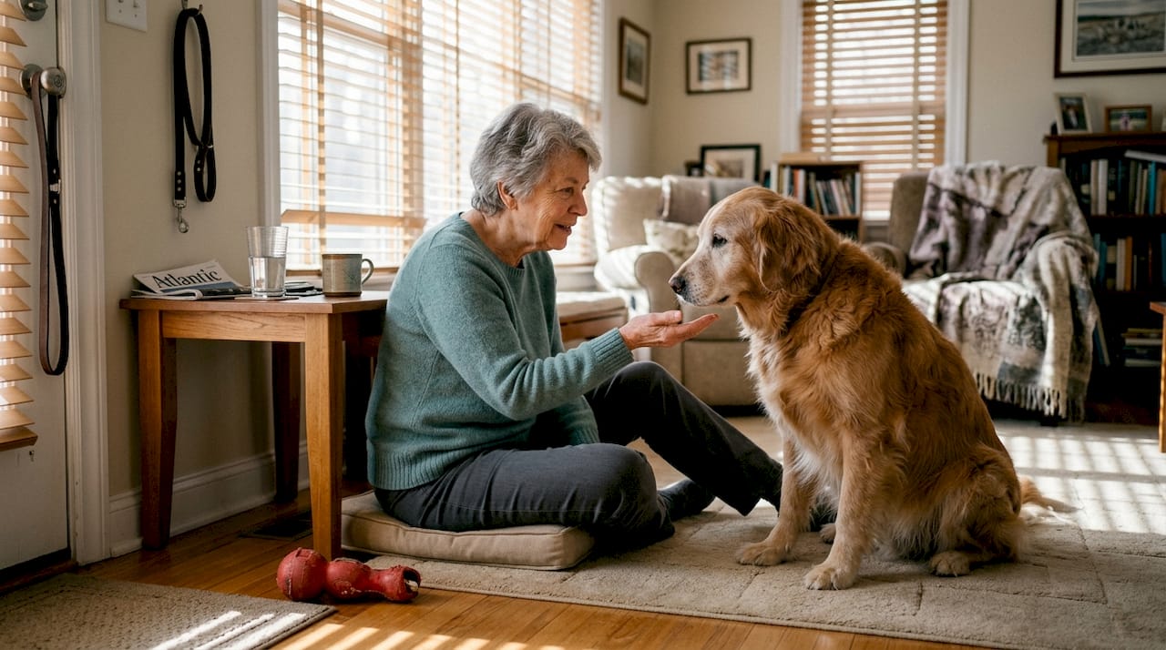 Senior golden retriever training in cozy living room
