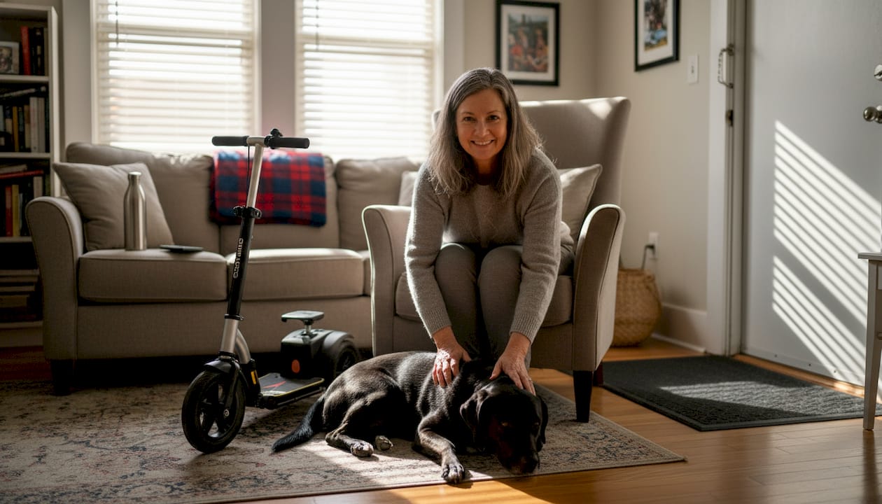 Disabled pet owner in adapted home with dog