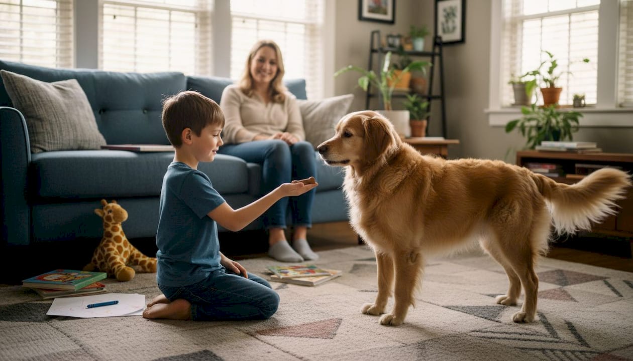 Boy offers treat to family dog at home