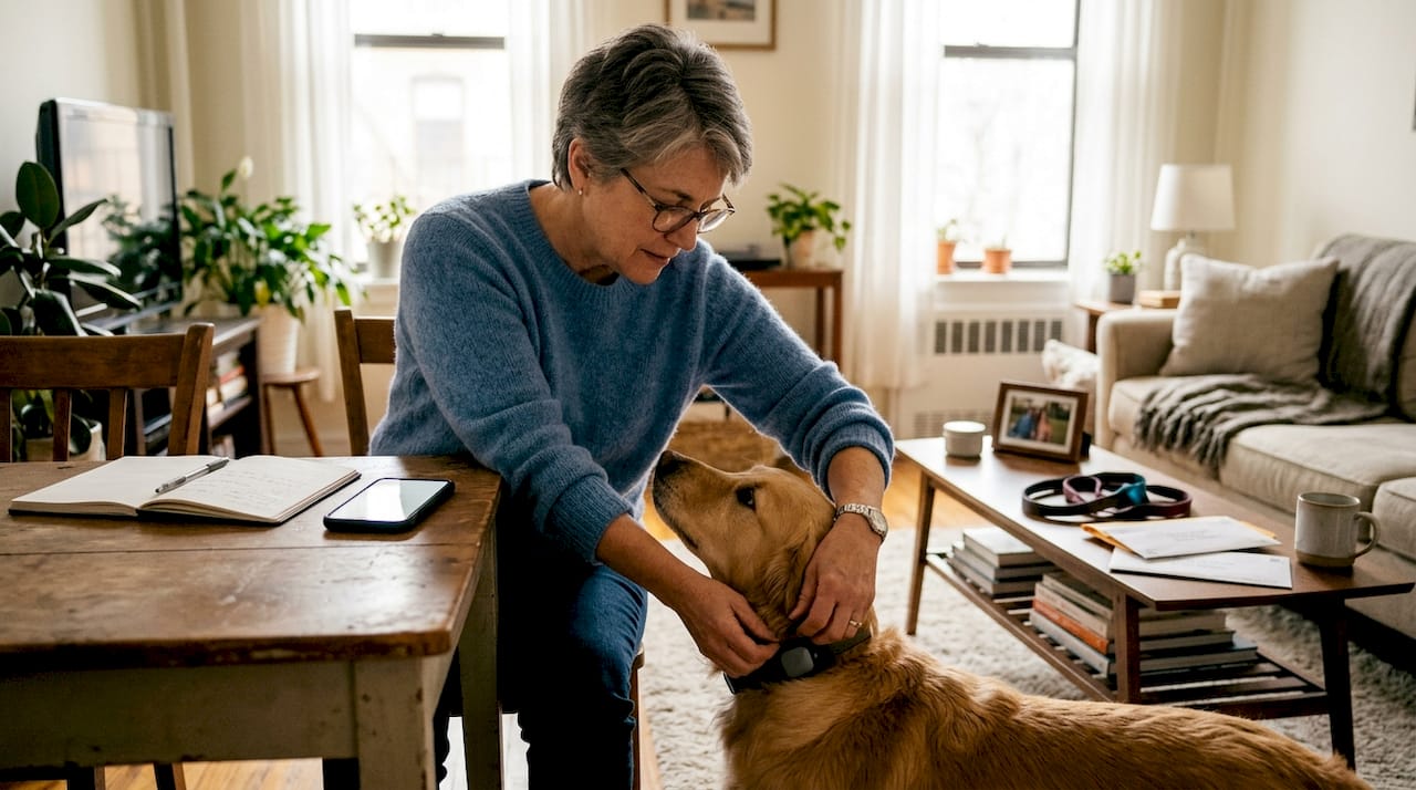 Service dog handler fitting smart collar on dog
