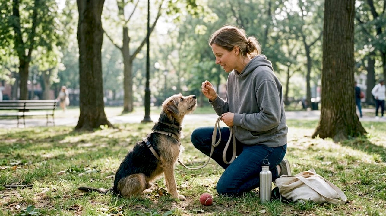 Dog owner training in urban park