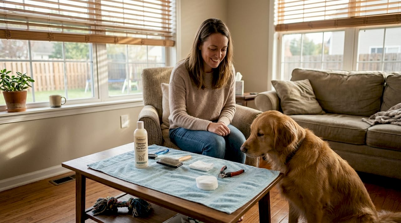 Woman preparing home dog grooming supplies