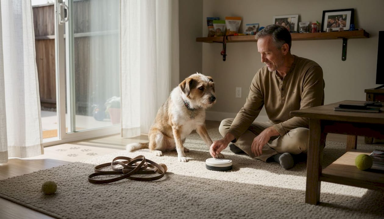 Man training dog with button in living room