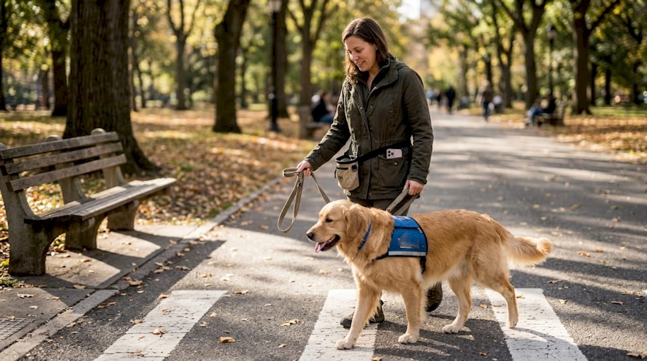 Trainer walking service dog in city park