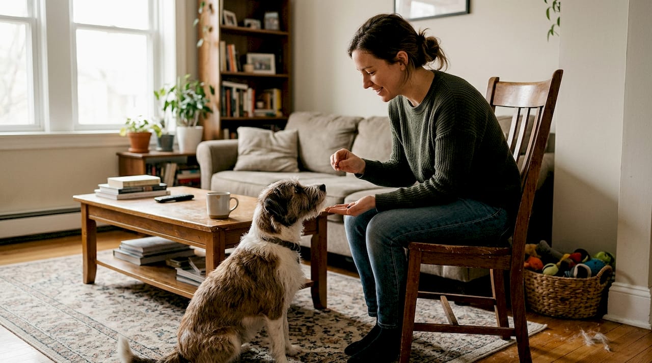 Owner uses treats for pet training at home