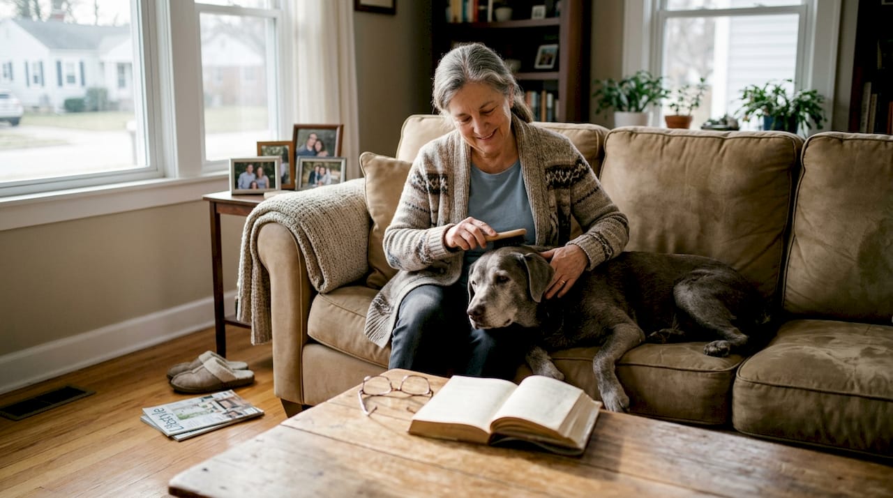 Senior woman gently brushing old Labrador