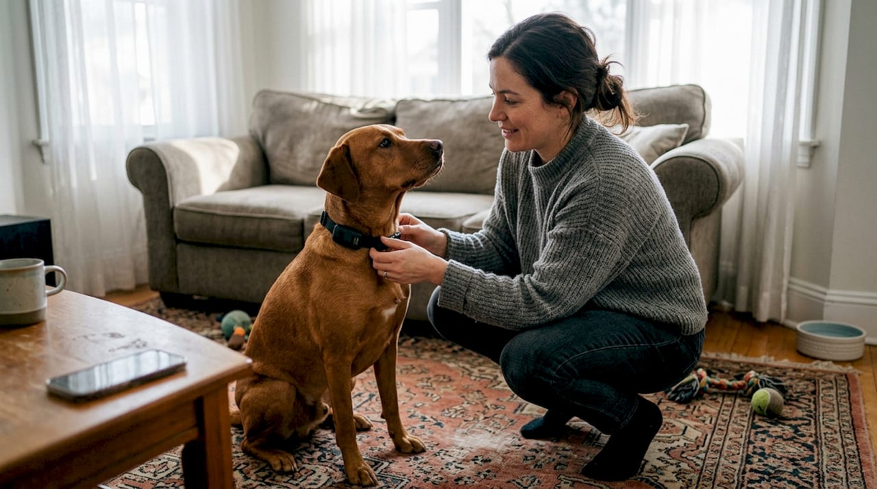 Dog gets wearable health collar at home