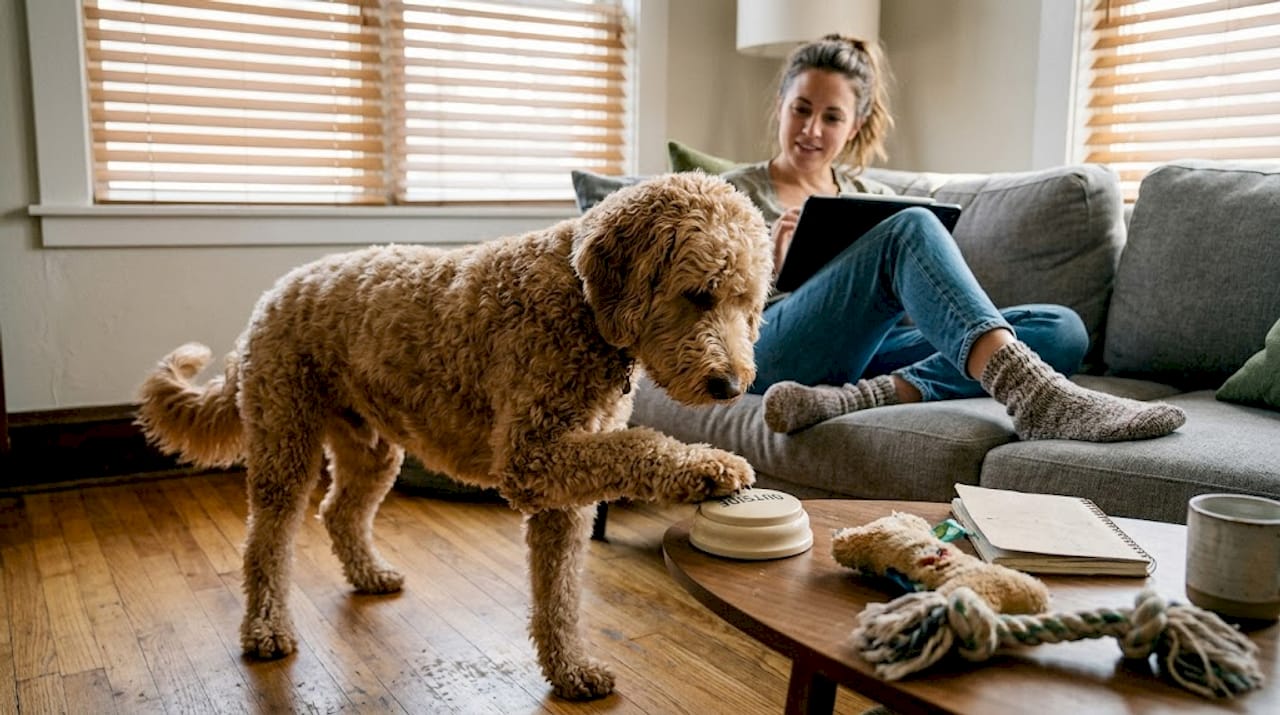 Dog using button device in living room