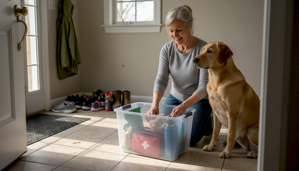Dog owner packs emergency kit by entryway