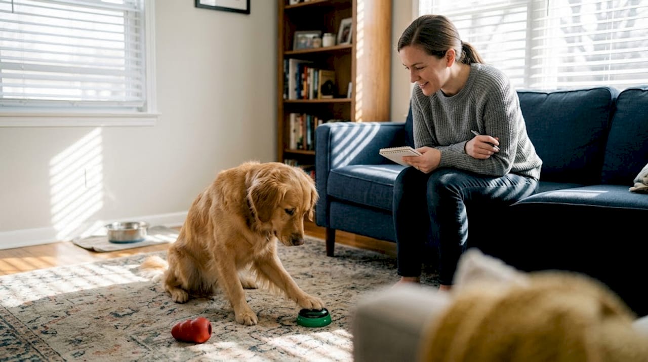 Dog using request button in living room