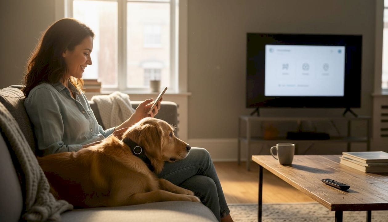 Woman and dog using pet tech at home