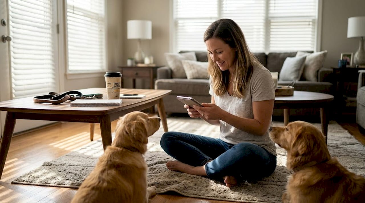 Pet owner testing emotional support device at home