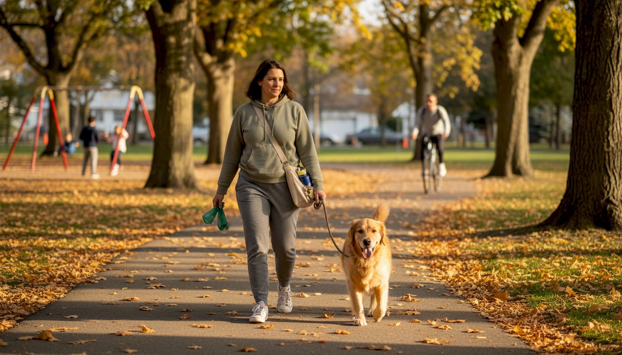Dog owner walking golden retriever in park