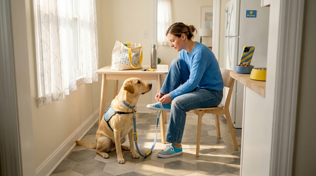 Service dog waiting by woman in apartment kitchen