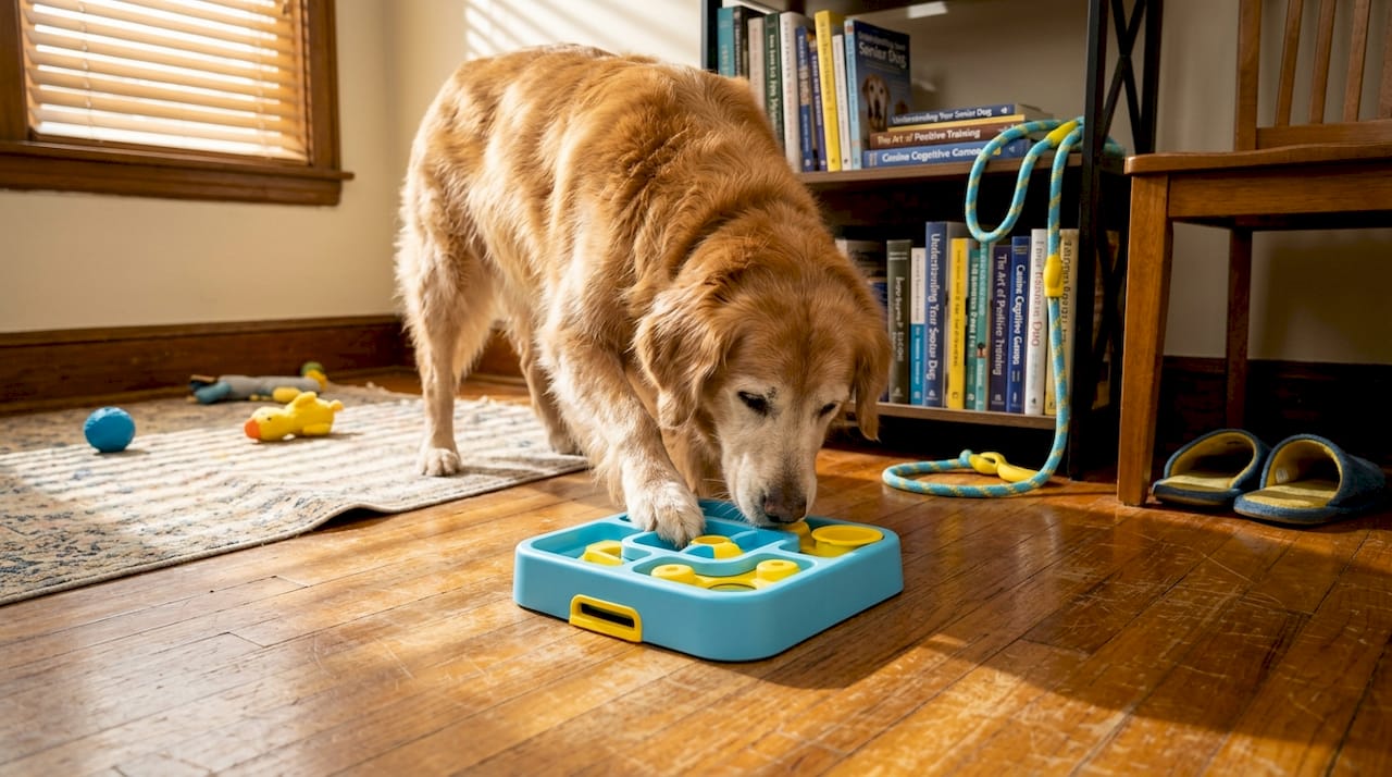 Senior dog using puzzle feeder in living room