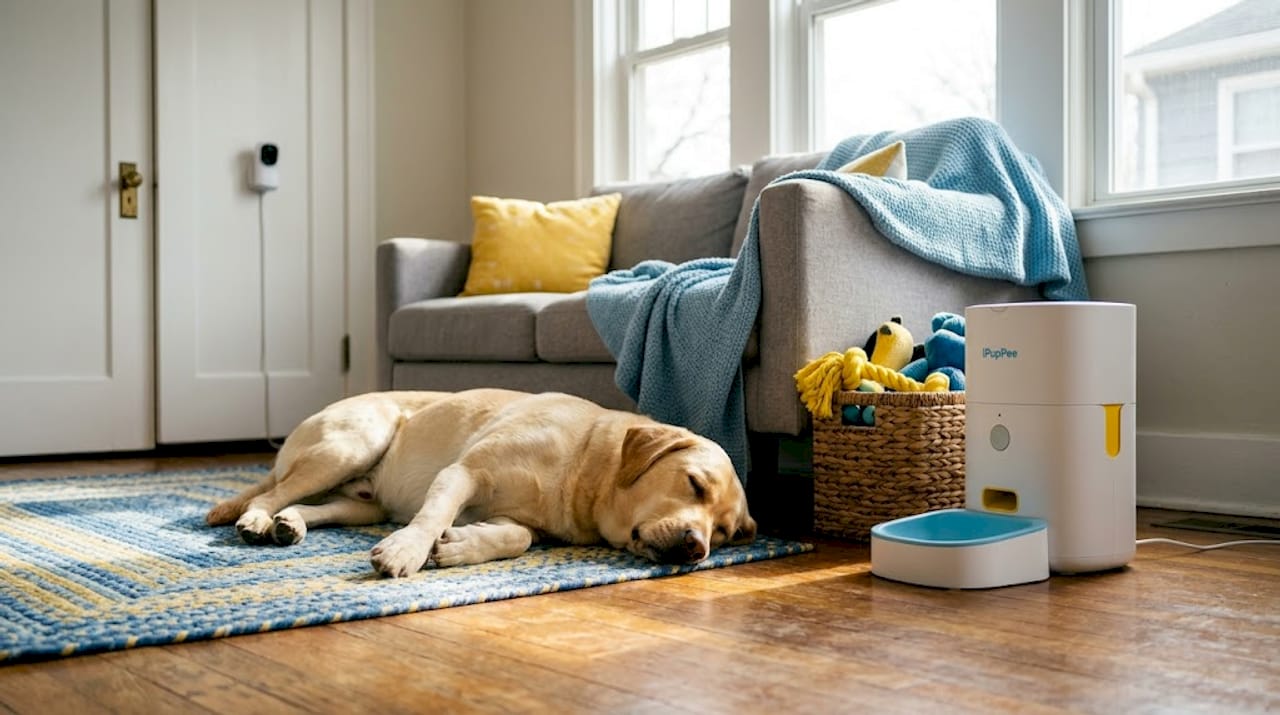 Dog near smart feeder in lived-in living room