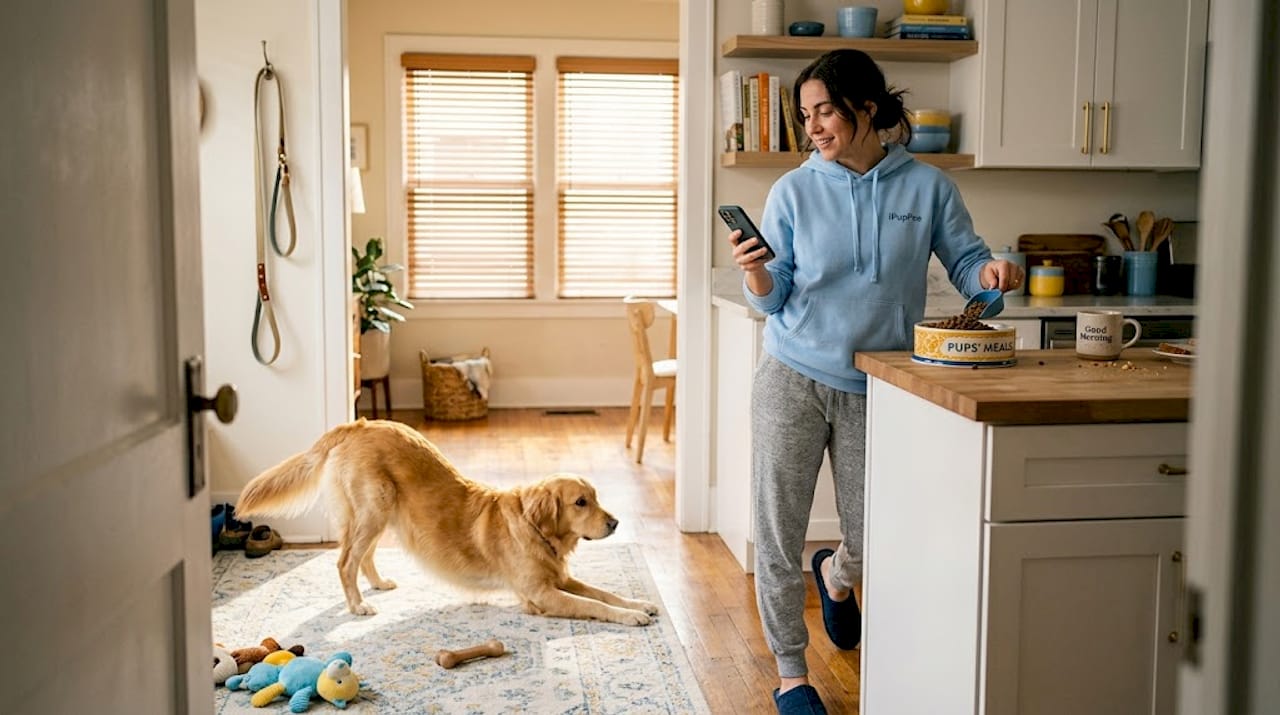 Dog and owner morning routine in home